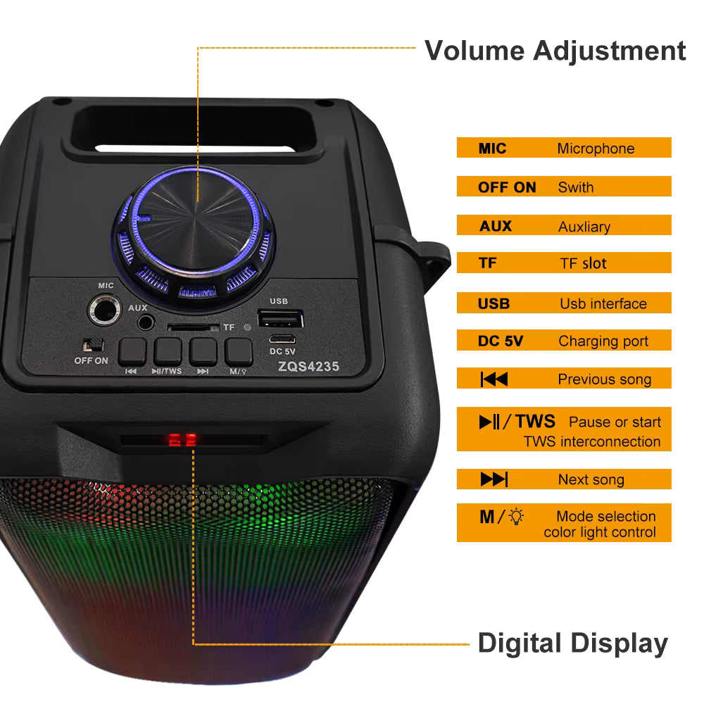 Boxă Portabilă Bluetooth ZQS-4235, Subwoofer Puternic, Lumini RGB, Wireless, Ideală pentru Exterior