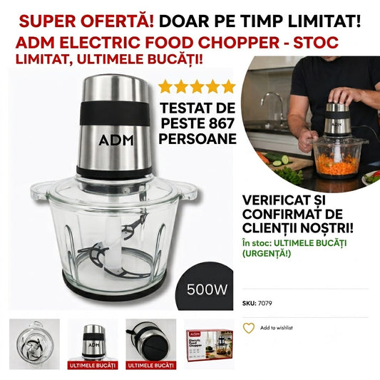 Tocător Electric de Bucătărie ADM, 500W, Bol 3L din Sticlă, 4 Lame Inox și 2 Viteze