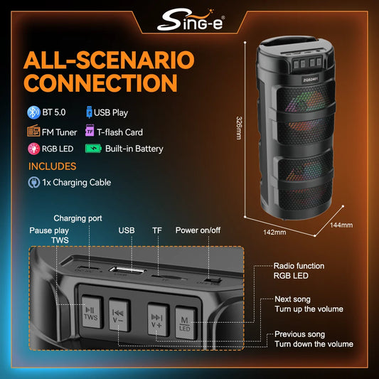 Boxă Portabilă Bluetooth ZQS-2401, 4 Inch, 8W, cu Iluminare RGB, Redare USB/TF/FM, Acumulator 1500 mAh