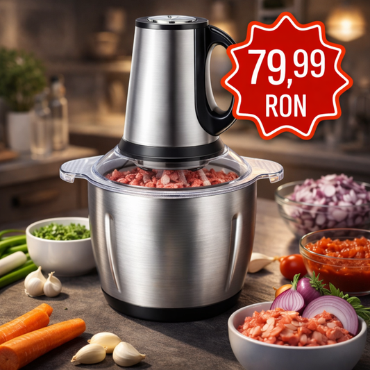 Tocător Electric 2L pentru Carne și Legume, 4 Lame din Inox, Recipient din Oțel Inoxidabil – Argintiu