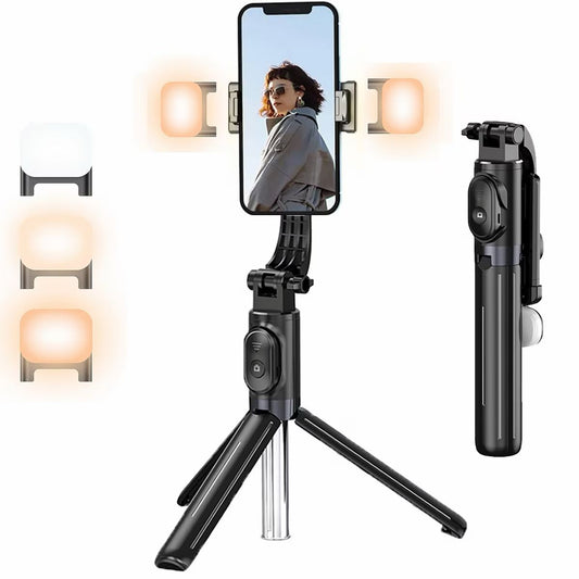 Trepied Selfie Stick 2 in 1 cu Lumini LED, 3 Moduri de Iluminare, Extensibil 103cm, Control Bluetooth, Rotire 360°, Negru