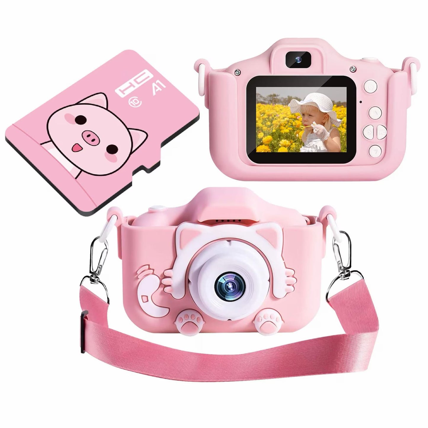 Camera foto digitala pentru copii Kitty, dual camera, card 4GB, 1440/1080p, Roz