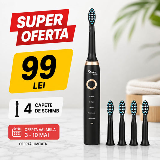 Periuta de Dinti Electrica Shuke, 5 Programe Spalare, 3 Capete de Schimb, Neagra