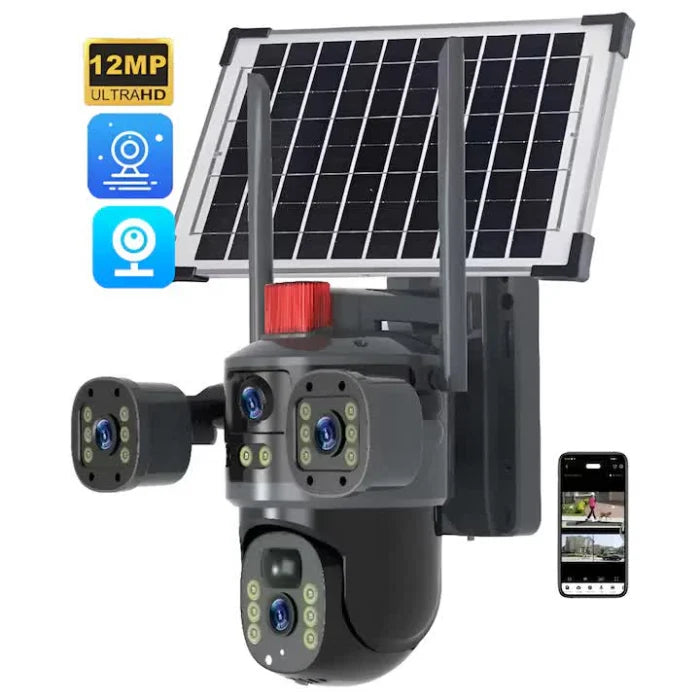 Cameră Supraveghere Solară 4G 12MP cu 3 Lentile, PTZ 360°, Zoom 10X și Night Vision Color
