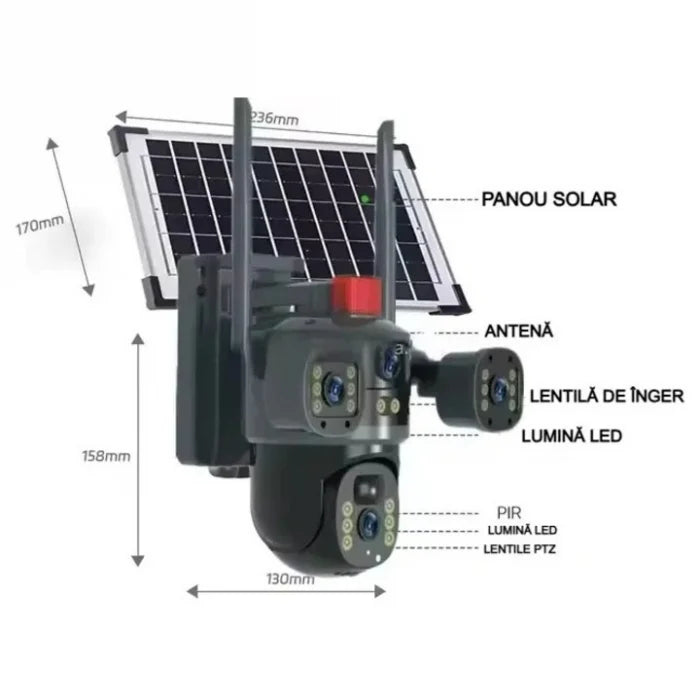 Cameră Supraveghere Solară 4G 12MP cu 3 Lentile, PTZ 360°, Zoom 10X și Night Vision Color