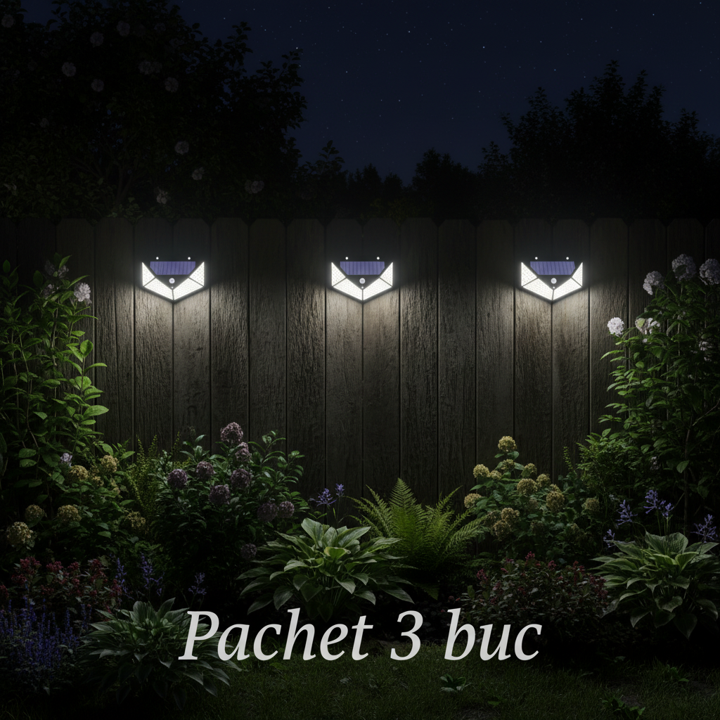 Set 3 lămpi solare 100 LED pe gard, grădină iluminată noaptea