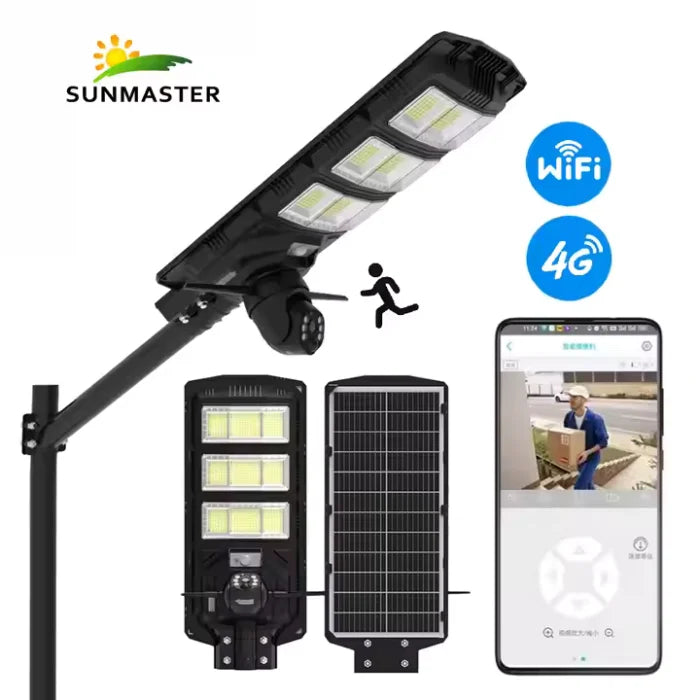 Lampă Solară 450W cu Cameră de Supraveghere 4G Integrată, IP65, Control din Aplicație