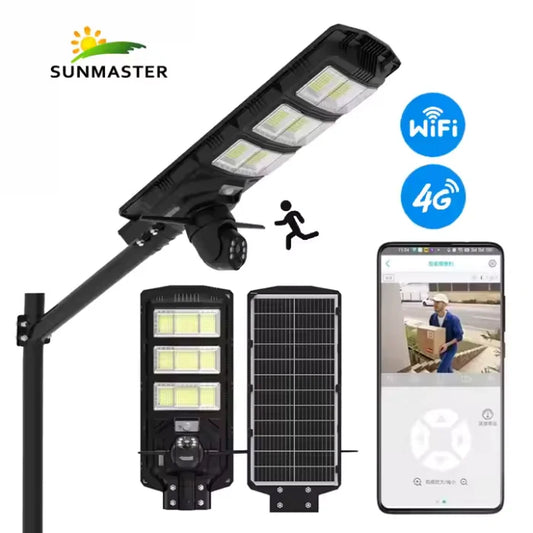 Lampă Solară 450W cu Cameră de Supraveghere 4G Integrată, IP65, Control din Aplicație