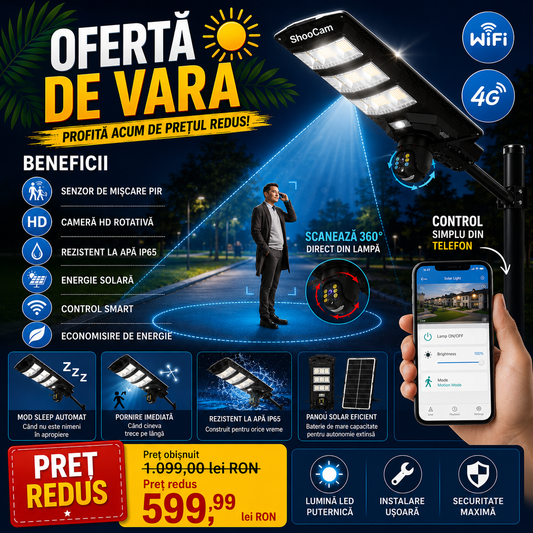 Lampă Solară 450W cu Cameră de Supraveghere 4G Integrată, IP65, Control din Aplicație