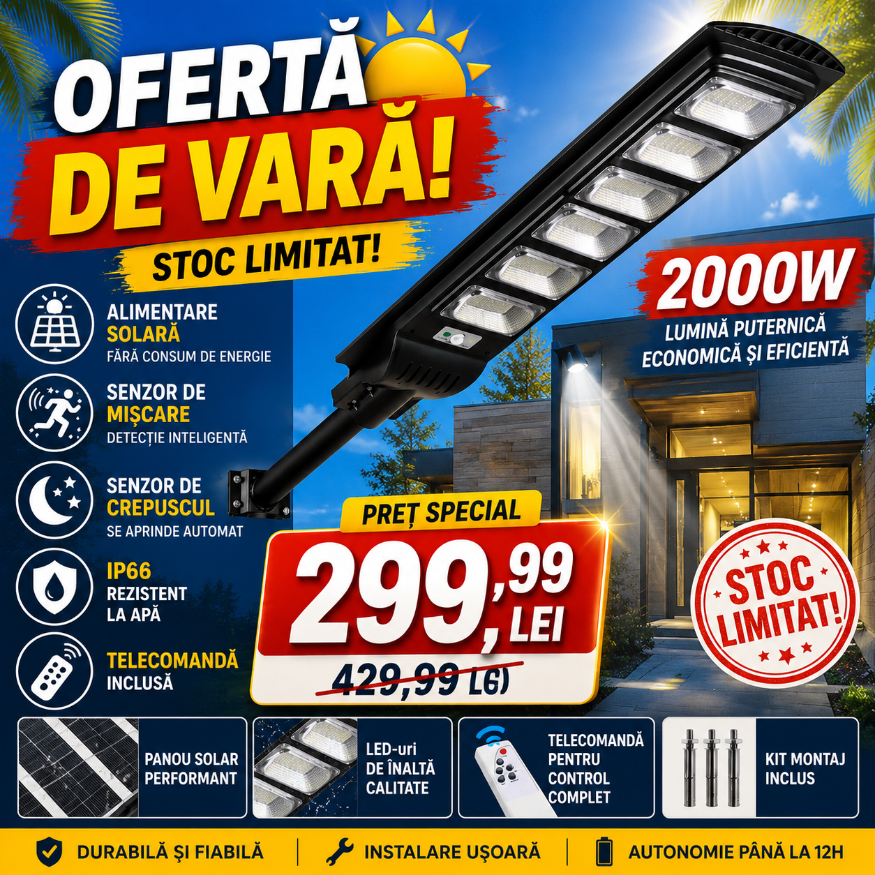 Lampă Solară LED Stradală 2000W cu Senzor de Mișcare, IP66 și Telecomandă