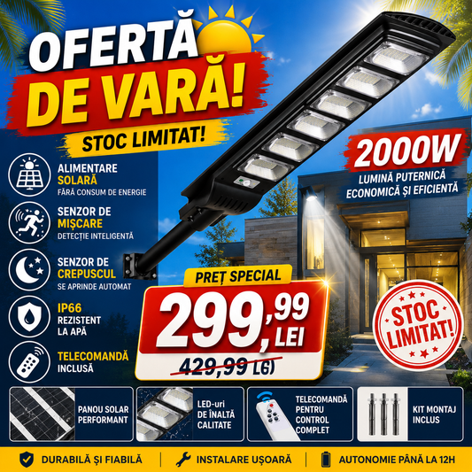 Lampă Solară LED Stradală 2000W cu Senzor de Mișcare, IP66 și Telecomandă