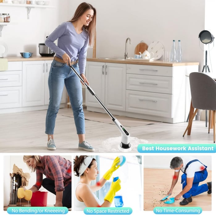 Perie Electrică Rotativă Multifuncțională cu 9 Capete, 2 Viteze și Mâner Extensibil