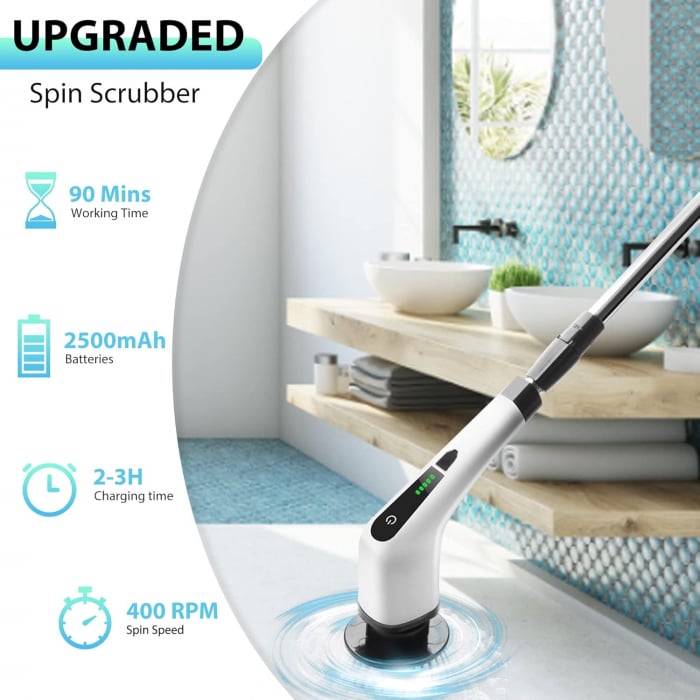 Perie Electrică Rotativă Multifuncțională cu 9 Capete, 2 Viteze și Mâner Extensibil