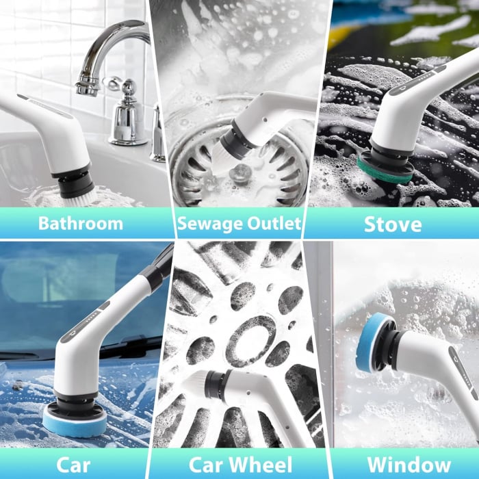Perie Electrică Rotativă Multifuncțională cu 9 Capete, 2 Viteze și Mâner Extensibil