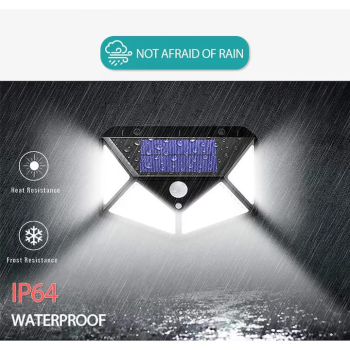 Lampă Solară cu 100 LED-uri, IP65, Senzor de Mișcare, 3 Moduri de Iluminare