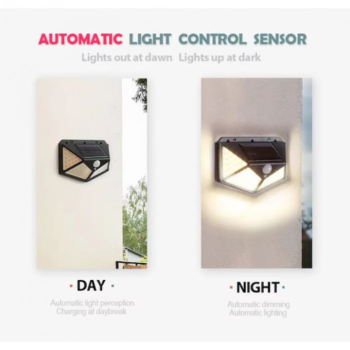 Lampă Solară cu 100 LED-uri, IP65, Senzor de Mișcare, 3 Moduri de Iluminare