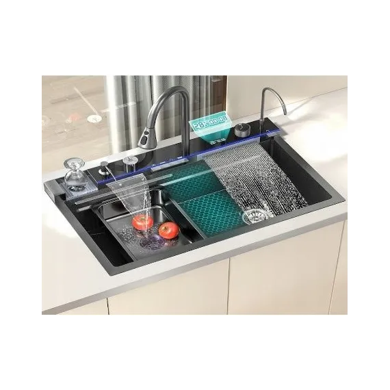 Chiuvetă Multifuncțională pentru Bucătărie, 75 × 46 cm – Cu Tocător, Distribuitor de Săpun și Sistem cu Jet de Apă